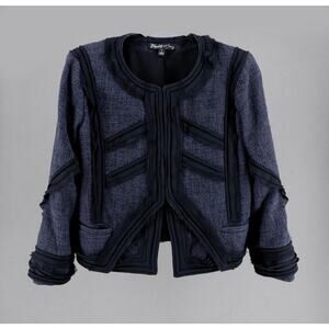 ELIZABETH & JAMES Blue Tweed Cropped Blazer Jacket Black Ruffled Frayed Trim